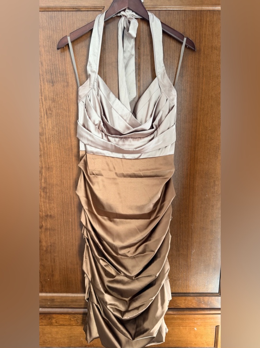 le chateau Two-Tone Satin Halter Dress - Taupe & Bronze size large